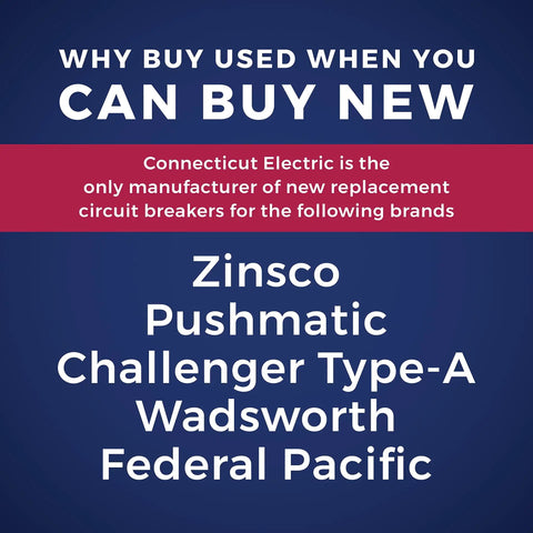 Replacement P260 Two Pole 60 Amp Circuit Breaker For Panels 120 240 VAC 10 000 AIC Bolt On Type ETL UL Listed For US And Canada Molded Case Breaker By Connecticut Electric branding for supported breaker brands like Zinsco, Pushmatic, Challenger Type-A, Wadsworth, Federal Pacific