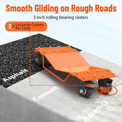 Rugged Heavy Duty Car Wheel Dolly Set, 8000 Lbs Tire Moving Dollies Forged From Rust Resistant Steel, Set Of 4 Slick Garage Rollers For No Hassle Vehicle Relocation, Orange showcasing lockable casters on various surfaces.