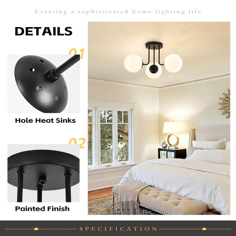Three Light Mid Century Matte Black Semi Flush Ceiling Light With Opal Milk Glass Globes, LEDs Included in bedroom setting