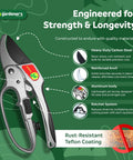Ratcheting Pruning Shears For Garden Work With Assisted Action Beast Mode Cuts Heavy Duty Anvil Pruner Nonstick Steel Blade Easy Cuts And Clean Finishes Save Time And Effort While Trimming And Harvesting Plants shown on a promotional graphic highlighting features like carbon steel blade, reinforced anvil, aluminum body, and ratchet system.