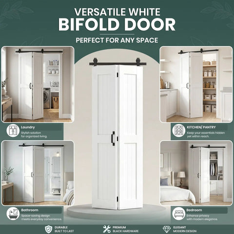 60 By 84 Inch Bifold Barn Door Kit With H Shape Hardware For Tight Squeezes This Bi Fold Sliding Closet Panel Folds Dead Flat To Free Up Wall Real Estate And Run Ultra Smooth in a stylish laundry, kitchen and bathroom.