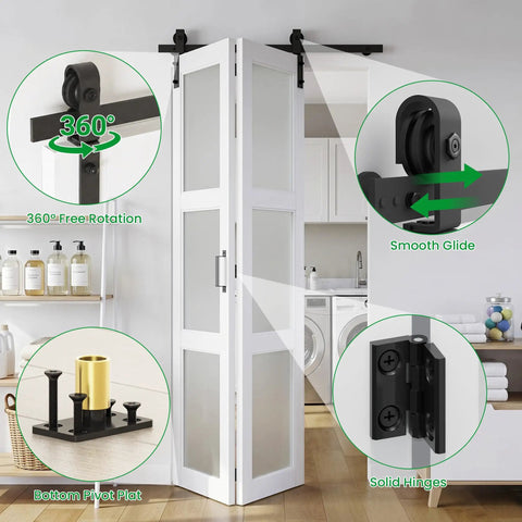 Slick Glide Double Bifold Barn Door With Complete Hardware Kit Eases Through Tight Squeezes As Interior Room Divider shown with smooth glide features.