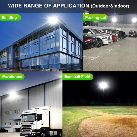 Heavy Duty 600W Led Flood Light Outdoor Kickin 60000 Lumens 6000K Daylight IP66 Waterproof 3 Head used in parking lot, warehouse, and baseball field.