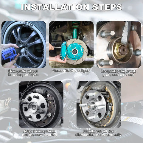 Installation steps for Front Or Rear Wheel Hub Bearing Assembly 513288 with tool and car brake components.