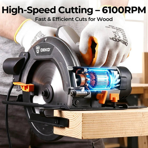Professional Grade 7 1 4 Inch Circular Saw Featuring A Robust 1600 Watt Motor And 11 7 Amps Of Kick Ass Cutting Power For Heavy Duty Woodworking Projects At 6100 Rpm Lightweight Portable Design cutting through wood with visible motor.