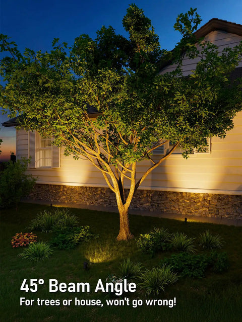 Low Voltage LED Landscape Spotlights 5W 12V Outdoor Pathway Lights illuminating a tree and house façade at night