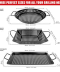 Three piece grill basket set with round, square, and rectangular pans, showcasing nonstick design and riveted handles for outdoor grilling.