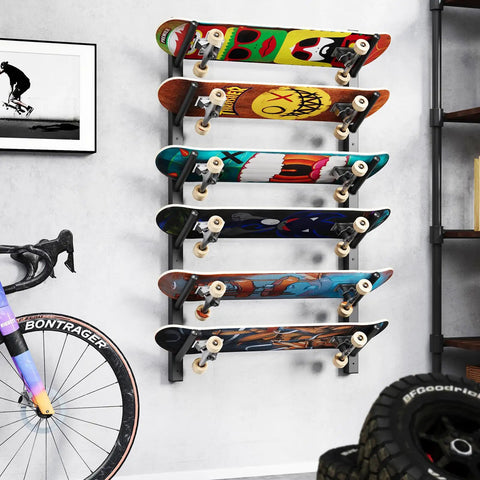 Get Your Shred Stacks Right With This Rad 6 Tier Skateboard Wall Mount Rack Cuts The Clutter By Keeping Boards Off The Floor Holds Up To Six Decks With Secure Install, displaying six vibrant skateboards.