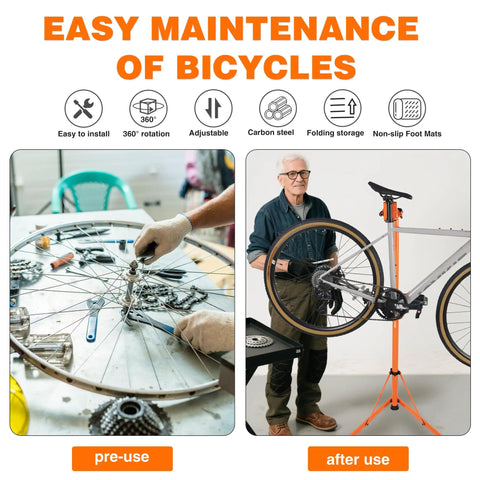 Heavy Duty E Bike Repair Stand Portable Foldable Workstand With 176 Lb Capacity in use for bike maintenance, pre-use and after use phases shown.