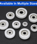 4Pcs 608ZZ Nylon Roller Bearings 8x32x12mm Idler Pulley Guide with multiple sizes in white plastic for smooth action.