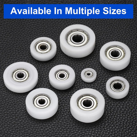 4 Pack Silent Roller Bearings 608ZZ Double Shielded Smooth Operator Pulley Wheels 8X30X11mm Nylon Idler Sleeves shown in various sizes.