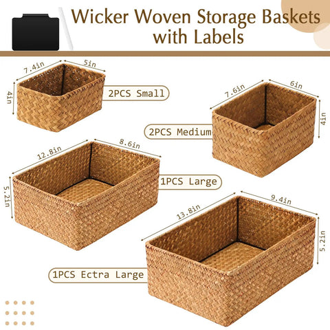 Top Shelf Seagrass Basket Set Features Six Dang Good Pantry Organizers With Snazzy Pre Printed Labels For A Spotless Home Makeover Across Closets Counters And Mudrooms Anywhere. Wicker woven storage baskets in various sizes labeled.
