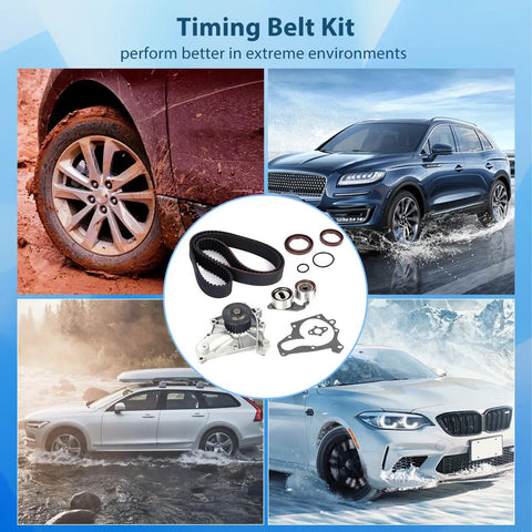 Grease Monkey Timing Belt And Water Pump Upgrade For Toyota Camry RAV4 Celica And Solara 20 Liter 1987 To 2001 displayed with vehicles in various terrains.