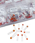 High Quality 1200 Piece Ceramic Capacitor Assortment Kit Featuring 60 Unique Values Spanning 1PF Up To 100NF Rated At 50V with labeled bags and loose ceramic capacitors.