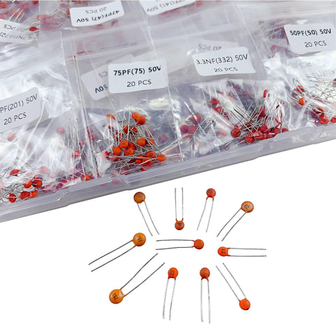 High Quality 1200 Piece Ceramic Capacitor Assortment Kit Featuring 60 Unique Values Spanning 1PF Up To 100NF Rated At 50V with labeled bags and loose ceramic capacitors.