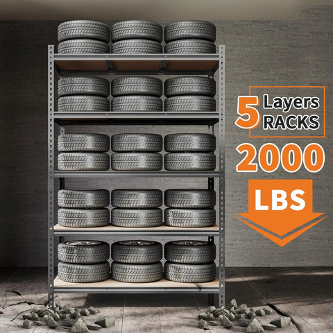 Heavy Duty 5 Tier Metal Shelving Rack Rock Solid Garage Storage Rig With Reinforced Steel Frame Built Tough For Heavy Tools Equipment And Shop Organization holding tires.