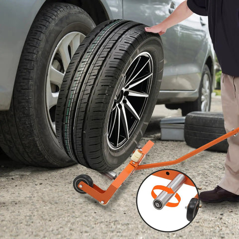 Badass Heavy Duty Tire Wheel Dolly That Swallows Up To 330 Pounds Of Massive Truck Tires Without Breaking A Sweat While Keeping Your Auto Shop Operations Smooth And Reliable on concrete.