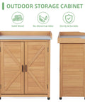 All In One Outdoor Potting Bench With Storage Cabinet And Metal Work Surface For Garden And Patio, front and side view