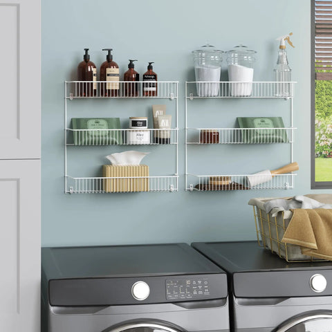 Top Notch 3 Tier Wall Mounted Spice Rack Set Of 2 For Pantry Organization, No Sweat Multipurpose Shelf To Keep Your Laundry Room Tidy, Quick Install White Finish 20 By 19 Inches Width with cleaning supplies.