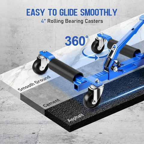 Heavy Duty Car Wheel Dollies With Ratcheting Foot Pedal, 1500 Lb Load Rating, showing 360° rolls on various surfaces.