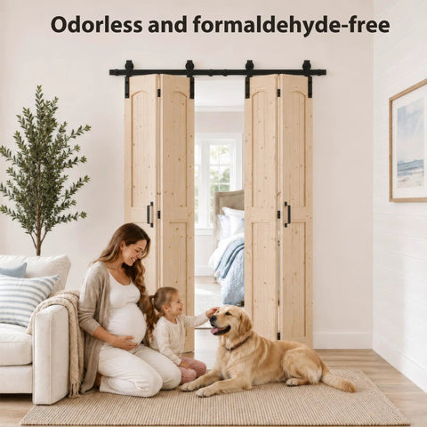 Heavy Duty 80 Inch Double Bifold Barn Door Hardware Kit With Super Slick Spring Steel Tracks And Smooth Glide Rollers For Rustic Spruce Wood Closet Doors, featuring a cozy living space.