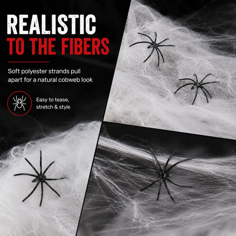 Epic Halloween Fake Spider Webs With 200 Square Feet Of Stretchable Yard Netting And Twenty Realistic Creepy Crawlers for indoor use, showing detail and texture.