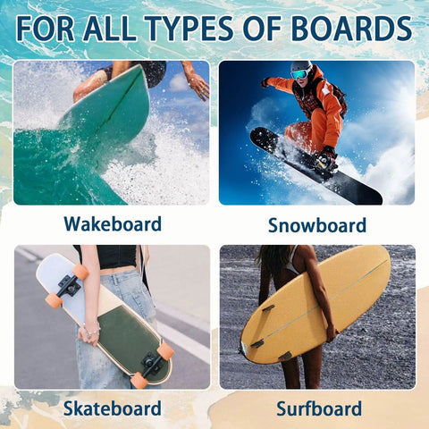 4 Piece Ash Wood Surfboard Wall Mount Kit With Curved Wave Grip To Hang Your Board Horizontally On Garage Or Studio Walls For Tight Surf Vibes And Gnarly Collection Display, featuring wakeboard, snowboard, skateboard, and surfboard.