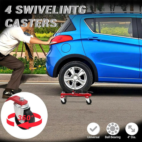 Hella Tough 1500 Lbs Car Wheel Dolly Set Crafted From Rust Proof Steel With Smooth Twin Rollers And Reliable Foot Pedal Design For Local Auto Shop Repairs showcasing 360° swivel casters on a dolly under a blue car.