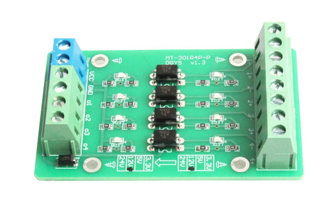 4 Channel Optocoupler Isolation Module For PLC Signals With Level Shifter From 24V To 3V3, PNP NPN To PNP, top view.