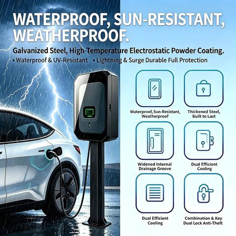 Rock Solid Outdoor EV Charger Cover Waterproof Metal Enclosure Wall Or Pedestal Setup With Combo Lock Security in rain with Tesla.