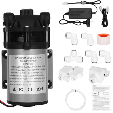100G RO Booster Pump Kit For Home Use With High And Low Pressure Switches, quarter inch inlet, two meter water tubing, 304 stainless steel build