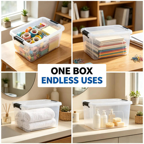32 Quart Clear Plastic Storage Bins With Easy Snap Lids Stackable Home Organization Totes For Closet Bedroom Garage containing office supplies and towels.