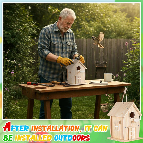 Man assembling 2 Pack Rustic Wood Bird House Kit With Paints And Brushes For Grownups And Kids Build It Yourself Pine Weatherproof Outdoor Craft Rural Style Pre Drilled on a table outdoors.