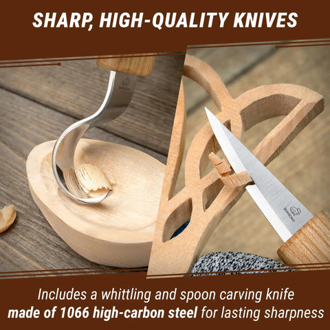 Wood Spoon Carving Kit For Beginners Diy04 With Sloyd Knife And Hook Knife demonstrating sharpness on basswood