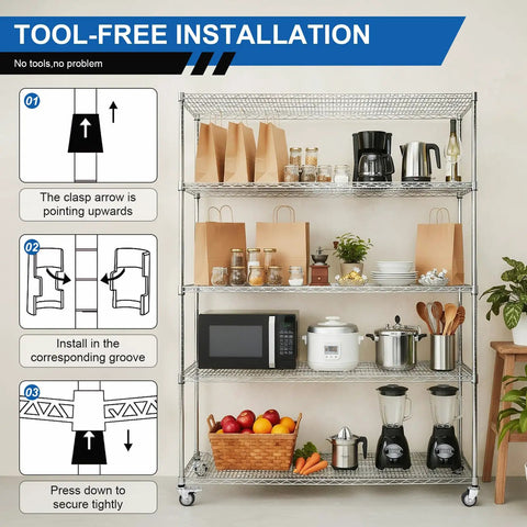 Heavy Duty Five Tier Wire Shelving Unit With Rolling Caster Wheels And Waterproof Liners displaying kitchenware and groceries.