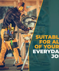 Carpenter using power tool wearing Premium Leather Tool Bag Pro 505 With Oil Tanned Grain Leather 13 Pockets And Speed Square Pocket