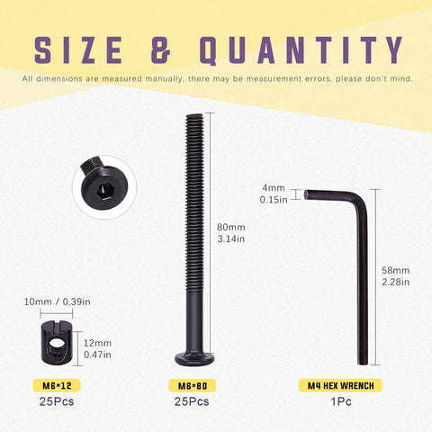 Solid M6x80mm Crib Hardware Kit Packed With Corrosion Resistant Barrel Nuts And Hex Socket Head Bolts Tough As Nails Fasteners for furniture assembly detailing sizes.