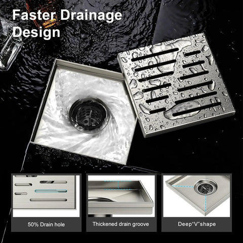 6 Inch Square Shower Drain With Brushed Nickel Surface Premium 304 Stainless Steel Build Features Smart Hair Catcher Delivering Hella Fast Drainage And Rock Solid Performance For Daily Bathroom Use, showing drainage design and details.