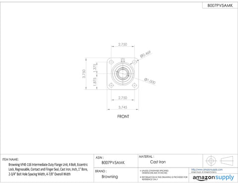 Drop Dead Reliable 2 Inch Flange Mount Ball Bearing Unit With Heavy Cast Iron Housing front view with dimensions.