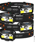 Rechargeable Waterproof LED Headlamp with Motion Sensor shown in 4 pack, black and grey with adjustable headband, USB included