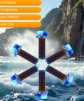 Slick Grade A Titanium Flange Hex Bolts M8 X 20Mm Six Pack Burnt Blue Anodized Finish for hot rods shown in wave background.