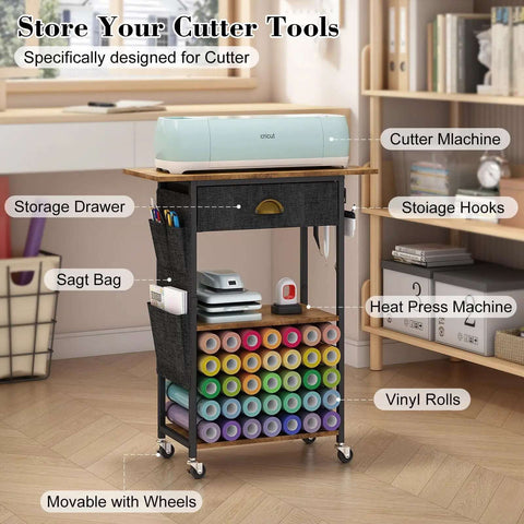 Mobile Craft Cart Organizer With Wheels For Cutting Tools Machines Vinyl Rolls And Heat Press Stand in a craft room