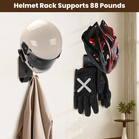 Badass Solid Wood And Steel Motorcycle Helmet Holder Wall Mount 4 Pack with a white helmet and black racing gloves on display.