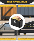 Heavy Duty 4 Inch V Groove Sliding Gate Rollers Built Like A Tank Handles 3000 Lbs Without Breaking A Sweat, shown on various gate types.