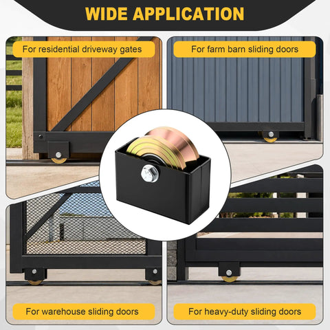 Heavy Duty 4 Inch V Groove Sliding Gate Rollers Built Like A Tank Handles 3000 Lbs Without Breaking A Sweat, shown on various gate types.