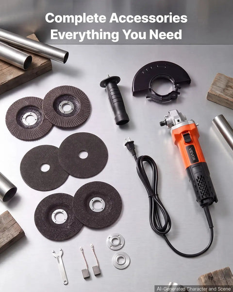 Complete accessories for Badass Hustle Ready 4.5 Inch Angle Grinder 1400W High Amp Electric Motor, including discs and handle.