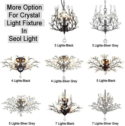 Various designs of crystal branch chandeliers in black and silver grey finishes, showcasing three to seven-light options.