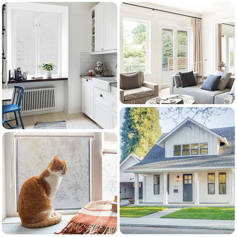 Pet Proof Window Screen Repair Kit With Extendable Cleaning Tool And Thickened Screen Replacement Spline Tool Set on windows and doors in home settings including a cat.