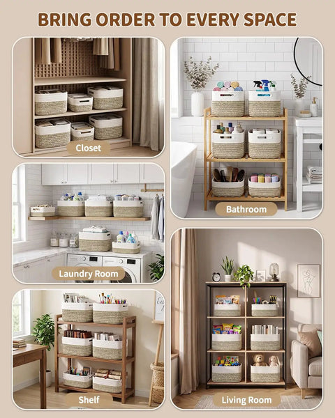 Get Your Home Sorted And Level Up Your Organization Game With This Six Piece Foldable Woven Storage Basket Set in various room setups