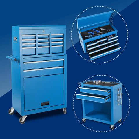 Blue 8 Drawer Rolling Tool Chest Hella Tough Shop Ready Design Detachable Top Bin With Cushioned Drawer Trays And Nifty Side Hooks For Hardworking Practical Pros with open drawers and top bin.